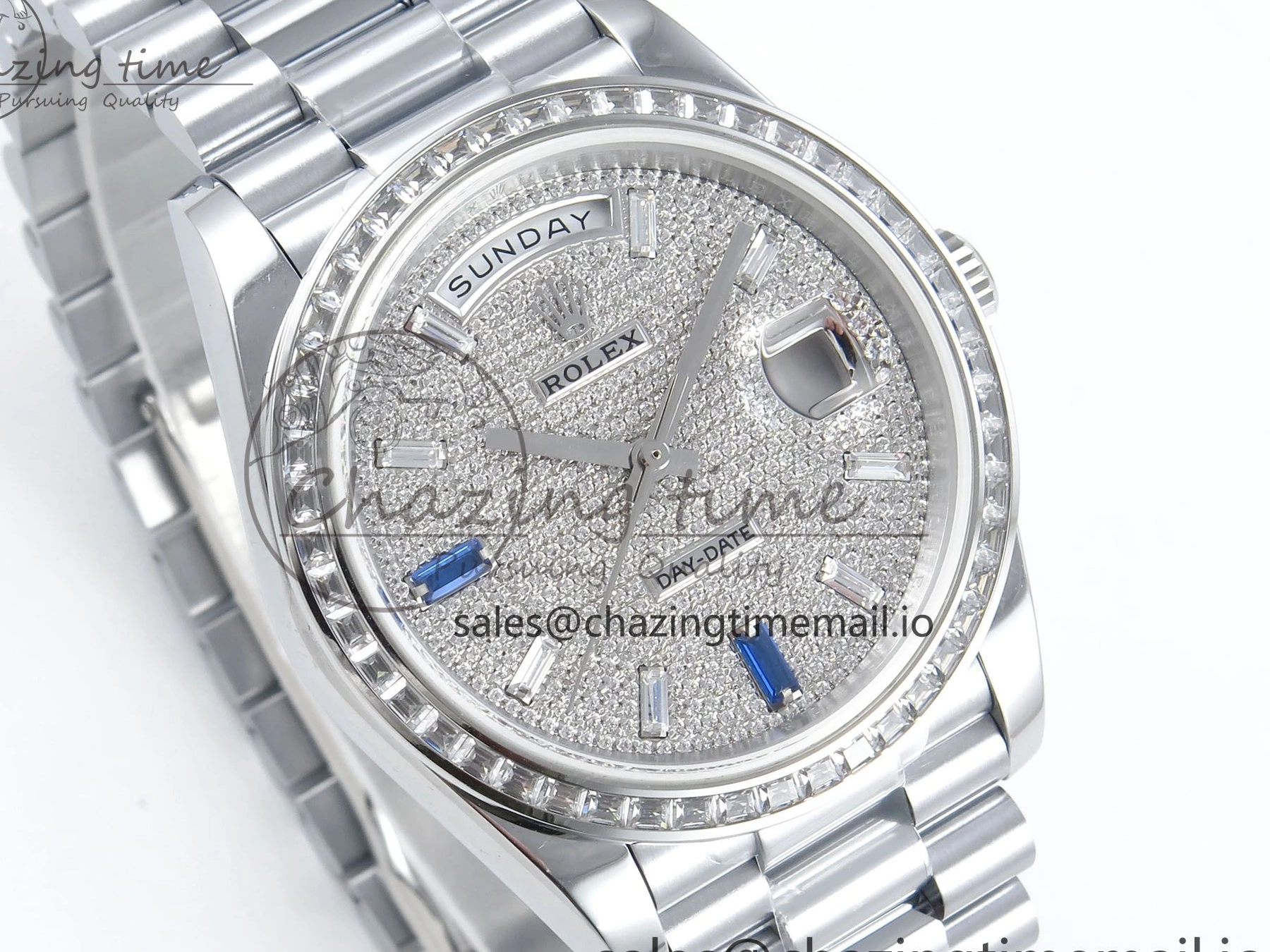 SS DayDate 1:1 Best Bezel QF A2836 40 Diamonds on Weight) Bracelet V5 (Gain Blue President Dial Diamonds Edition 0504